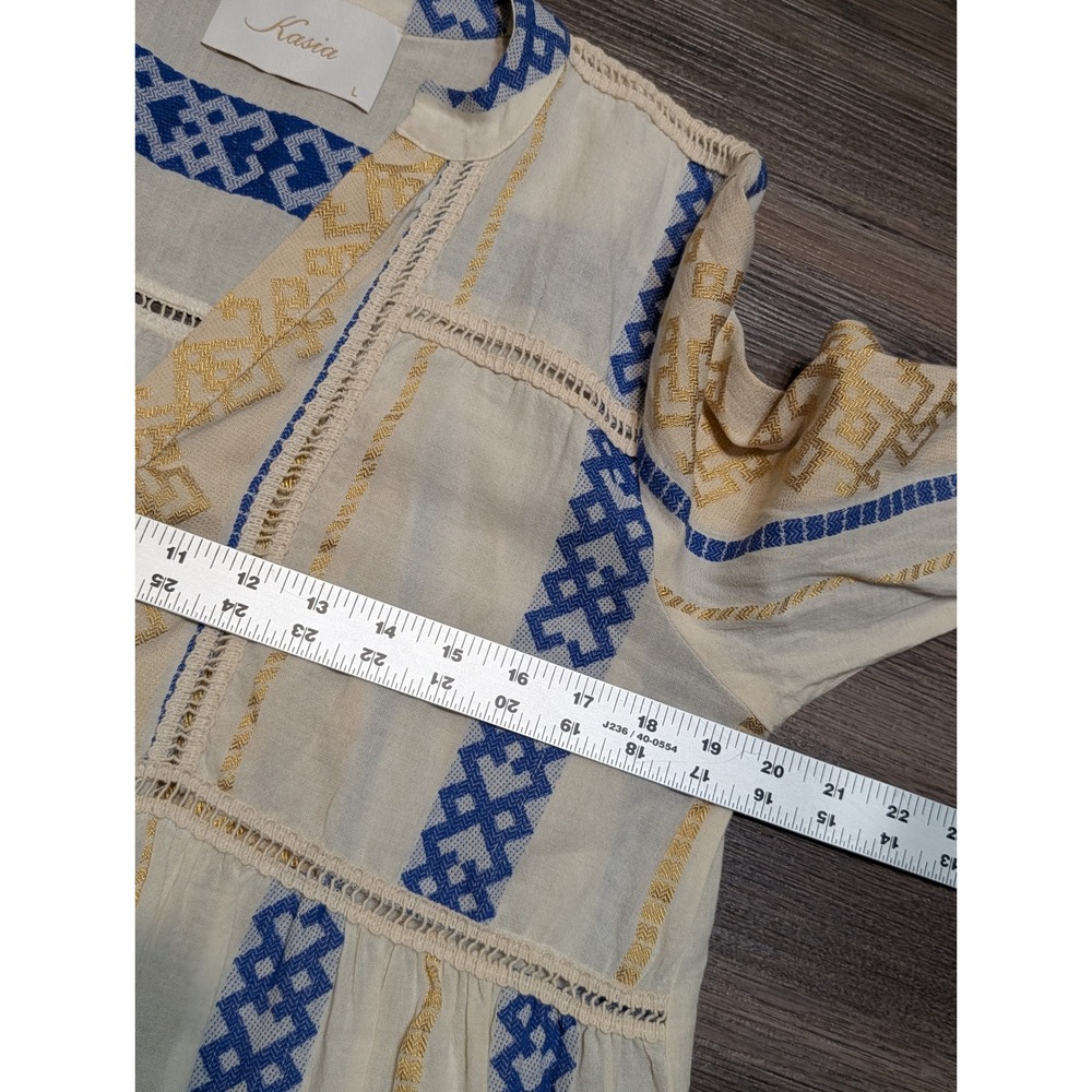 Kasia Boho Embroidered Peasant Blouse Cream Blue Gold Metallic Large Long Sleeve - Picture 4 of 4